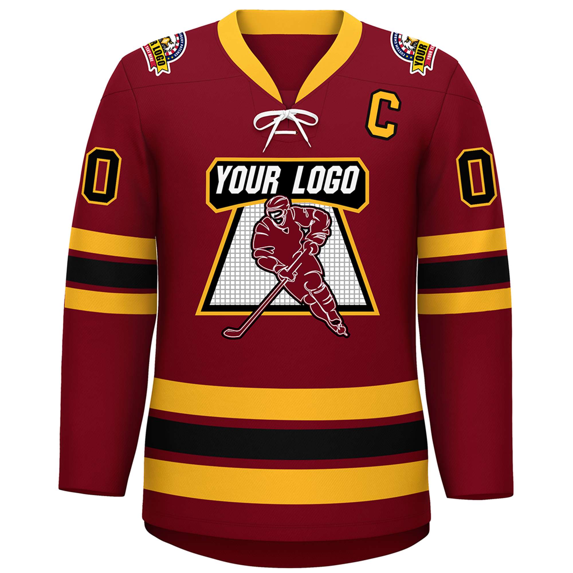 Custom Crimson Black-Yellow Lace-Up Neck Hockey Jersey