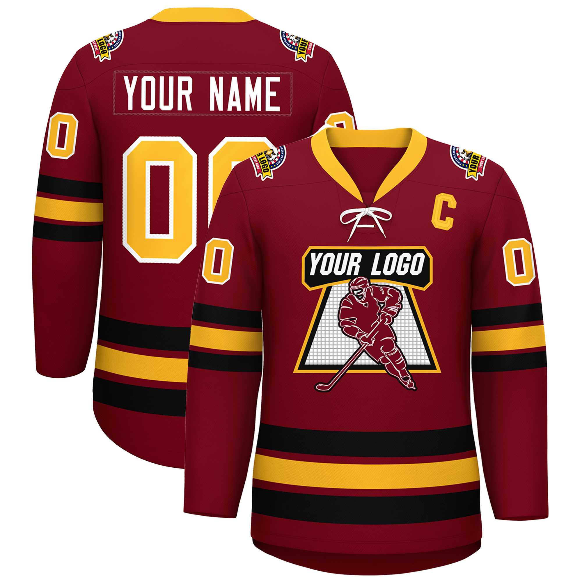 Custom Crimson Yellow-Black Lace-Up Neck Hockey Jersey