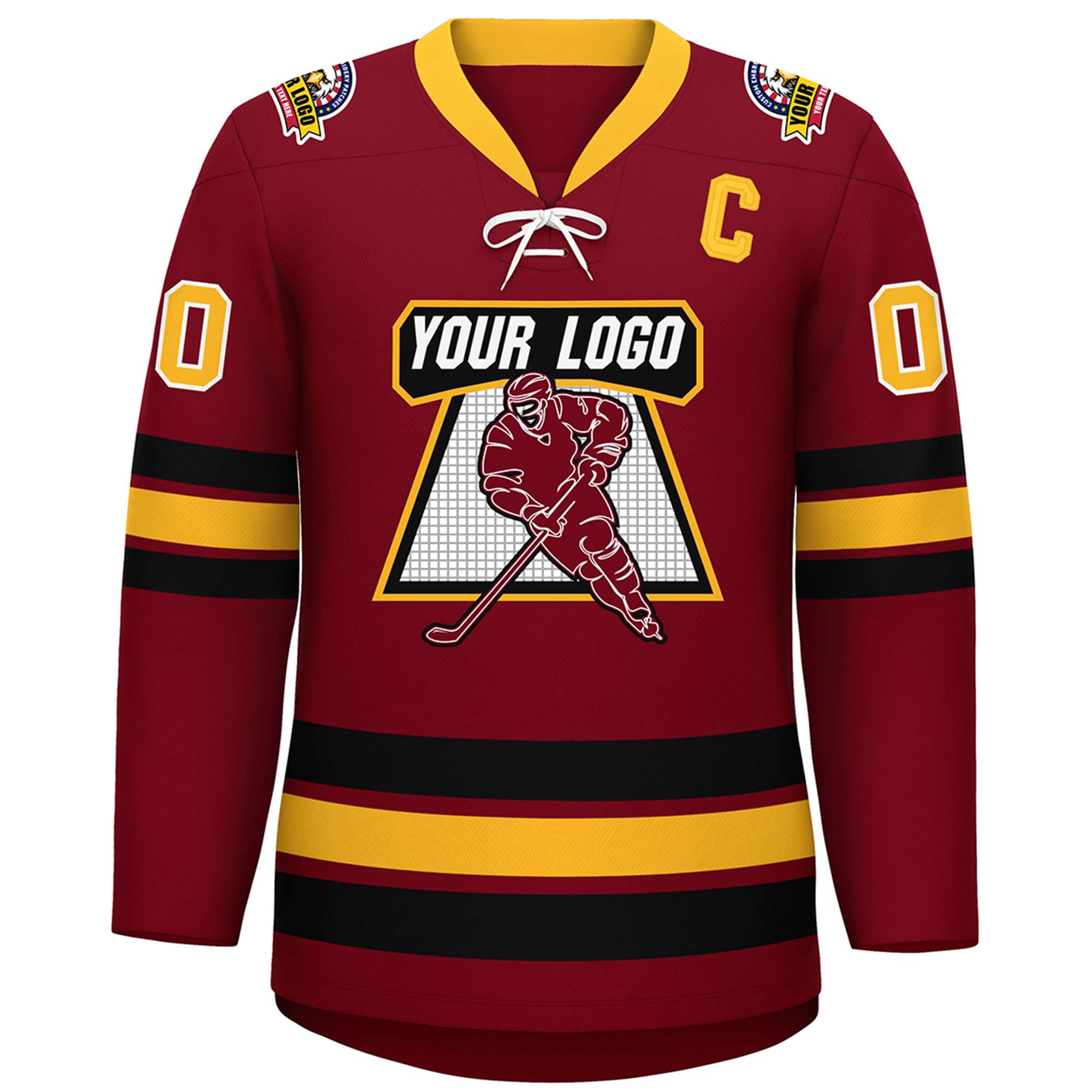 Custom Crimson Yellow-Black Lace-Up Neck Hockey Jersey