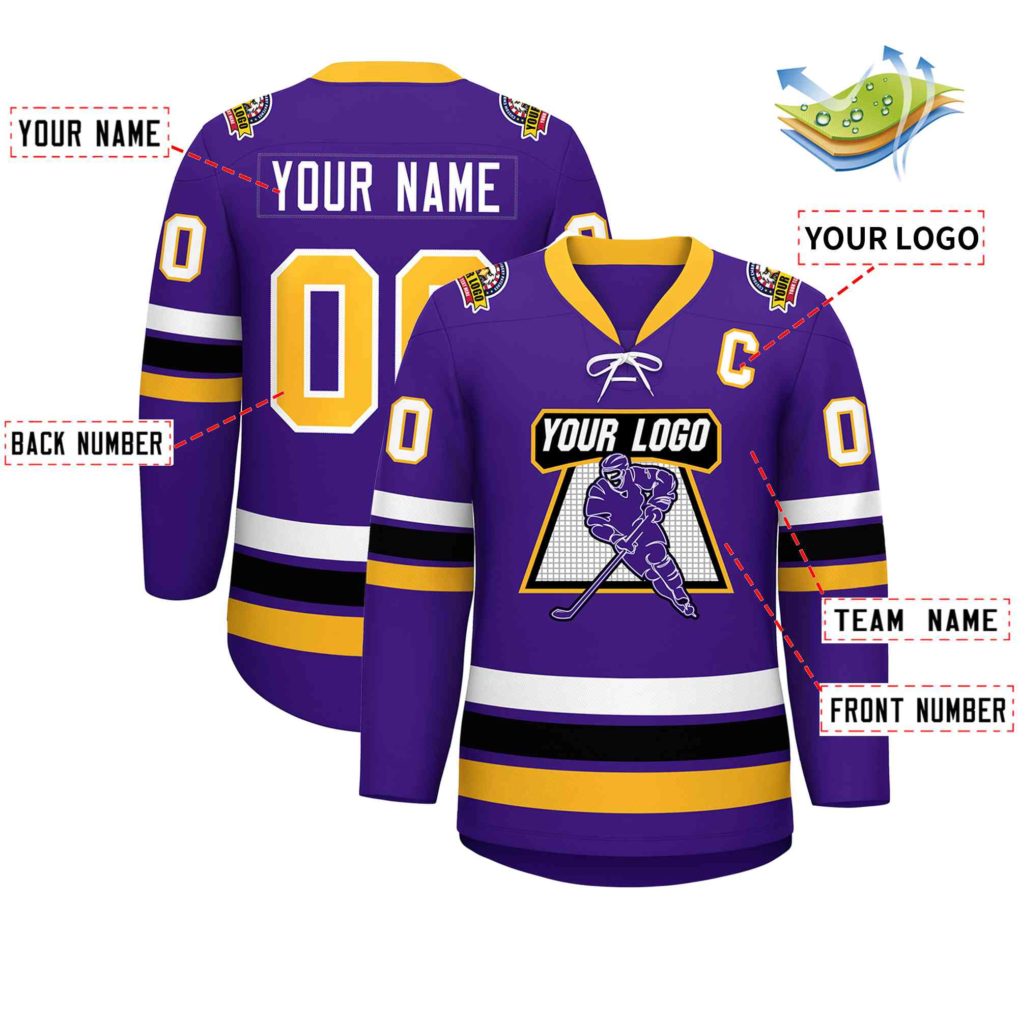 Custom Purple Yellow-White Lace-Up Neck Hockey Jersey