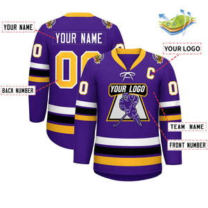 Custom Purple Yellow-White Lace-Up Neck Hockey Jersey