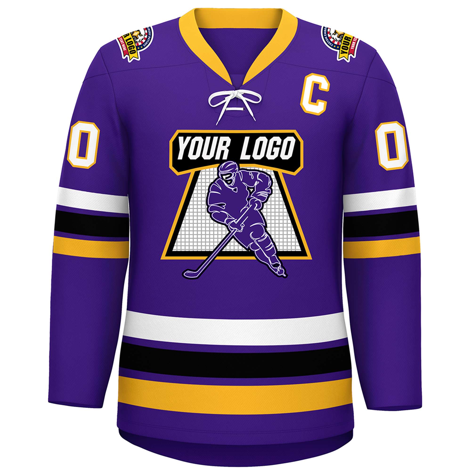 Custom Purple Yellow-White Lace-Up Neck Hockey Jersey