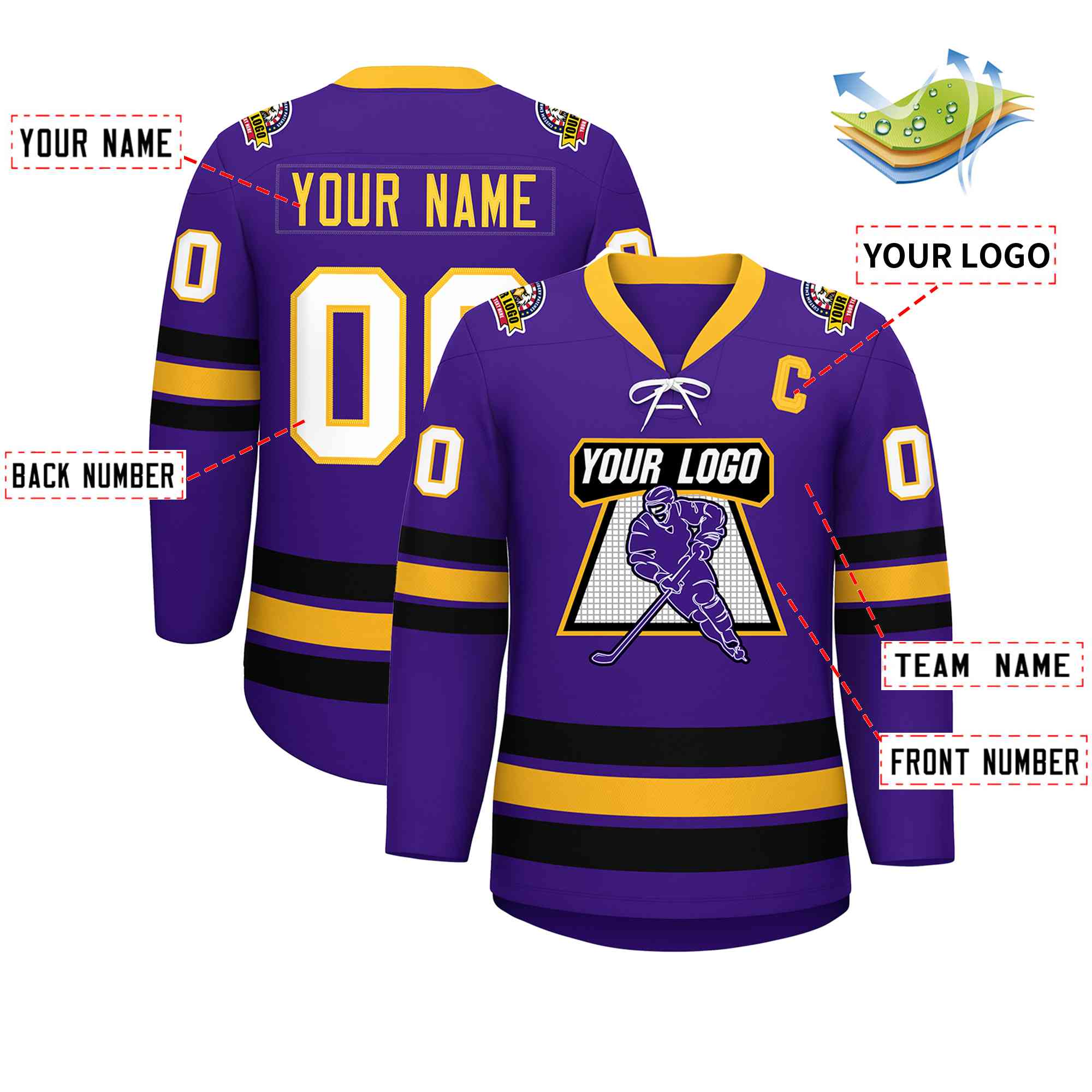 Custom Purple Yellow-Black Lace-Up Neck Hockey Jersey