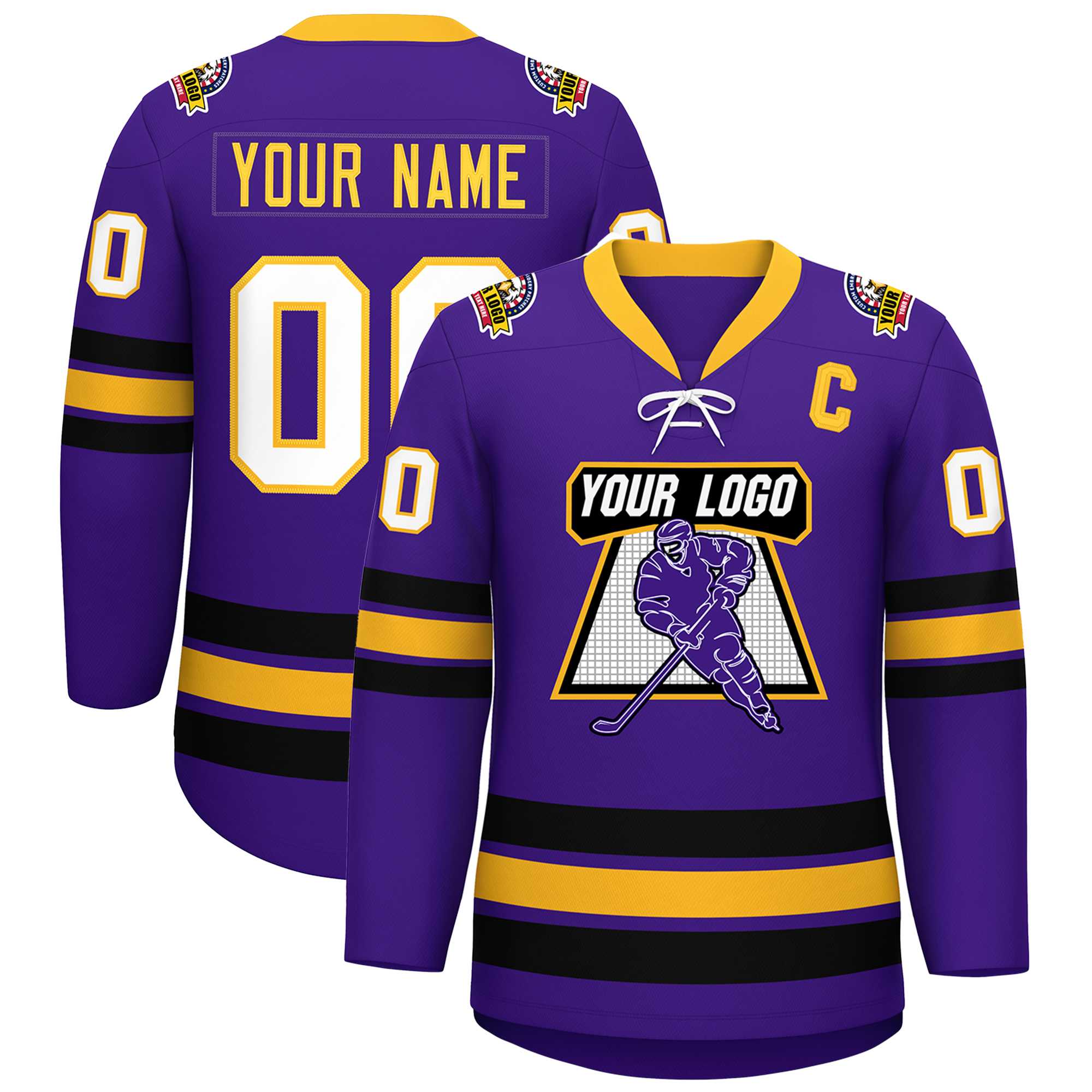 Custom Purple Yellow-Black Lace-Up Neck Hockey Jersey