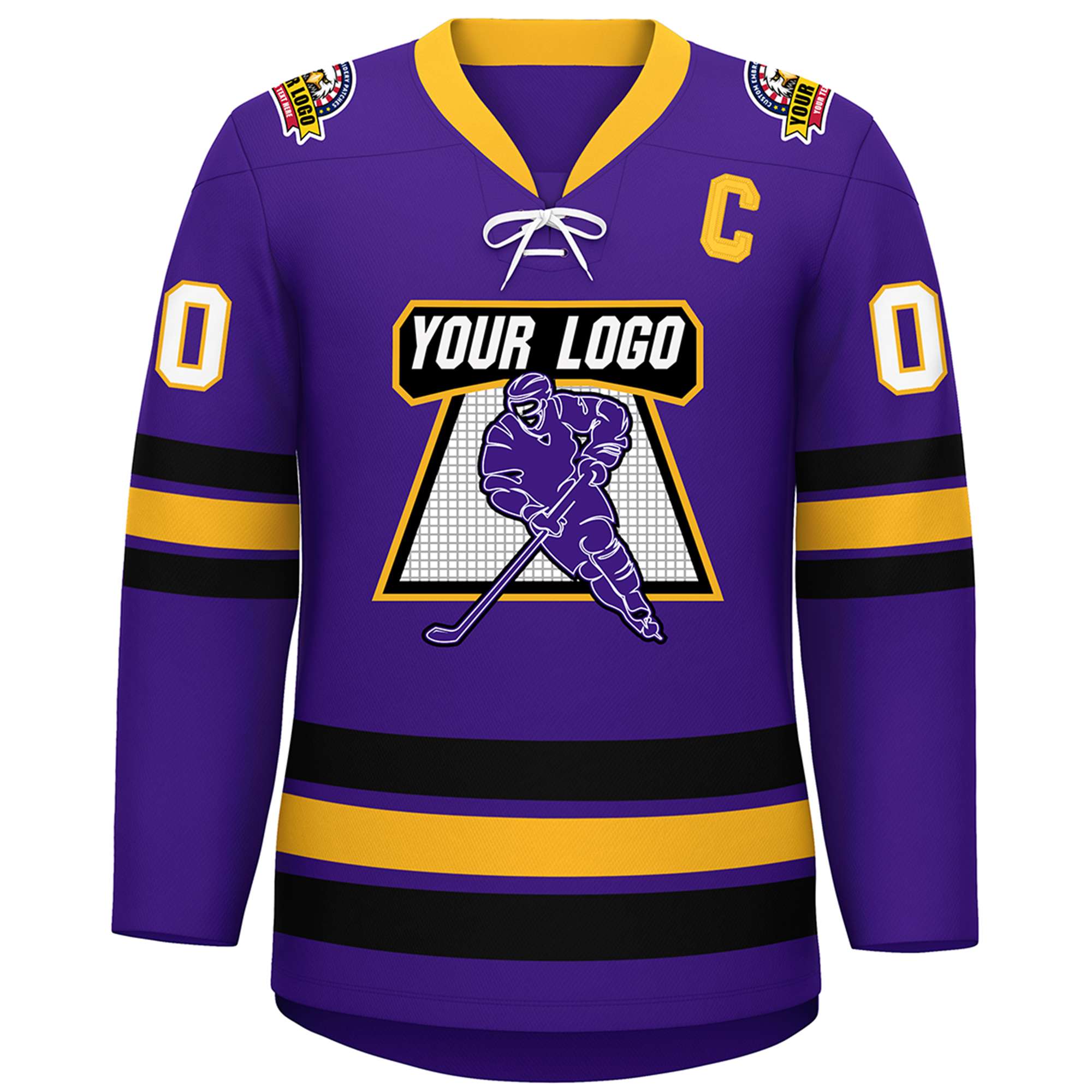 Custom Purple Yellow-Black Lace-Up Neck Hockey Jersey