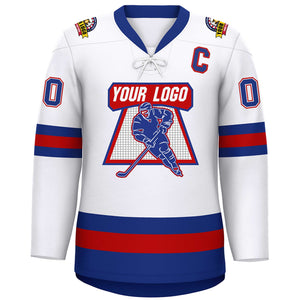 Custom White Red-Royal Lace-Up Neck Hockey Jersey