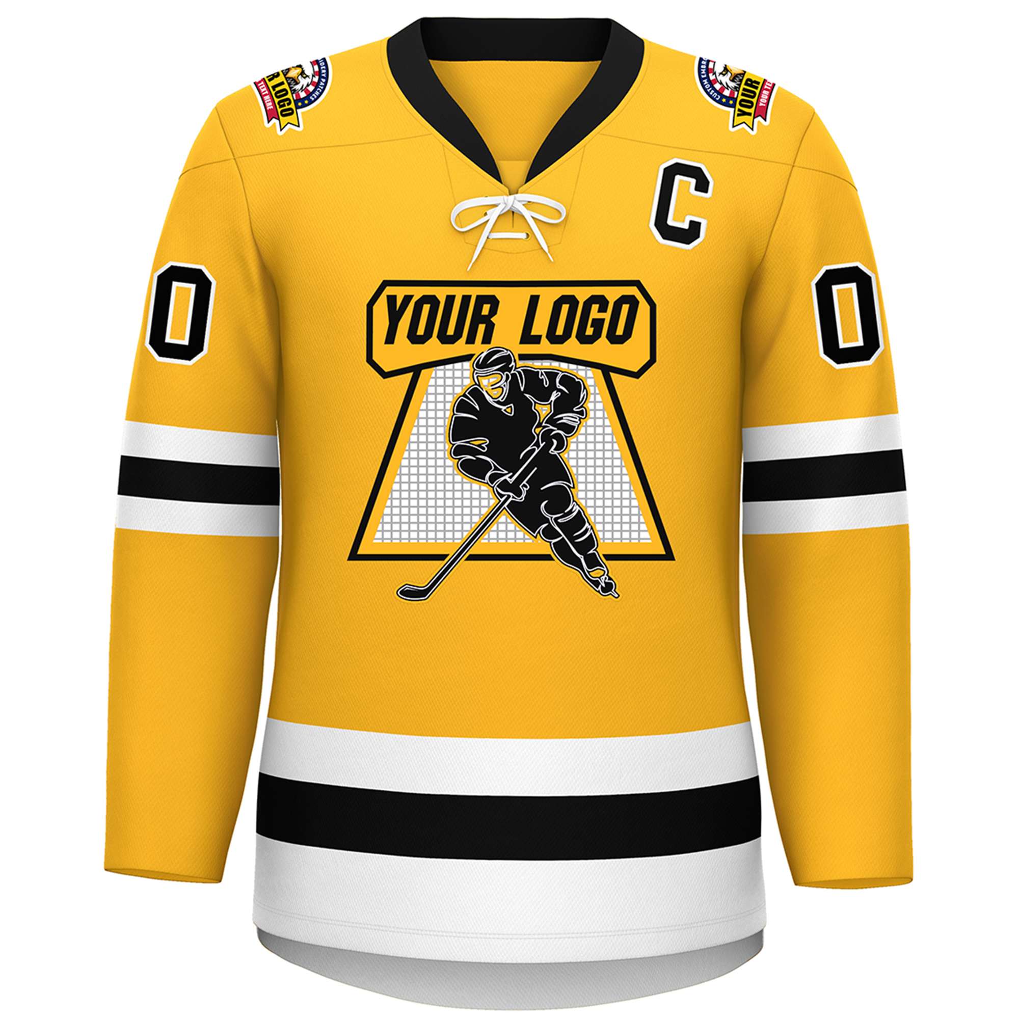 Custom Gold Black-White Lace-Up Neck Hockey Jersey