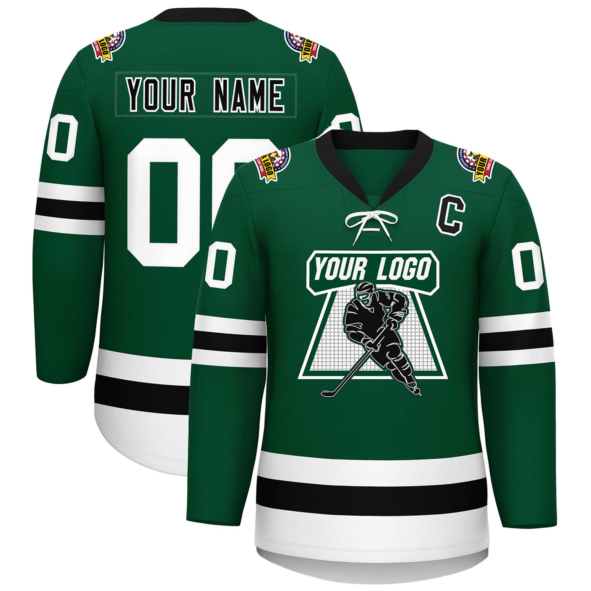 Custom Green Black-White Lace-Up Neck Hockey Jersey