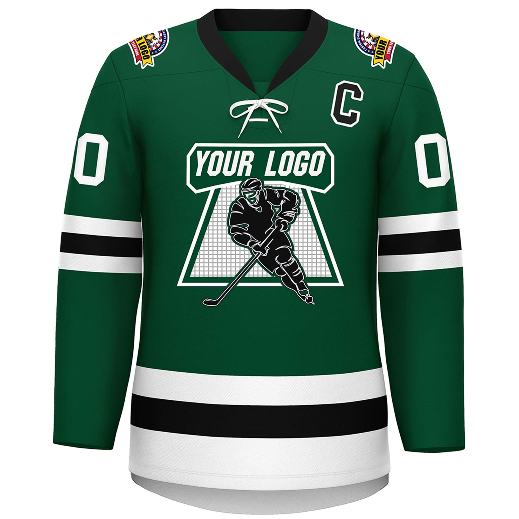 Custom Green Black-White Lace-Up Neck Hockey Jersey