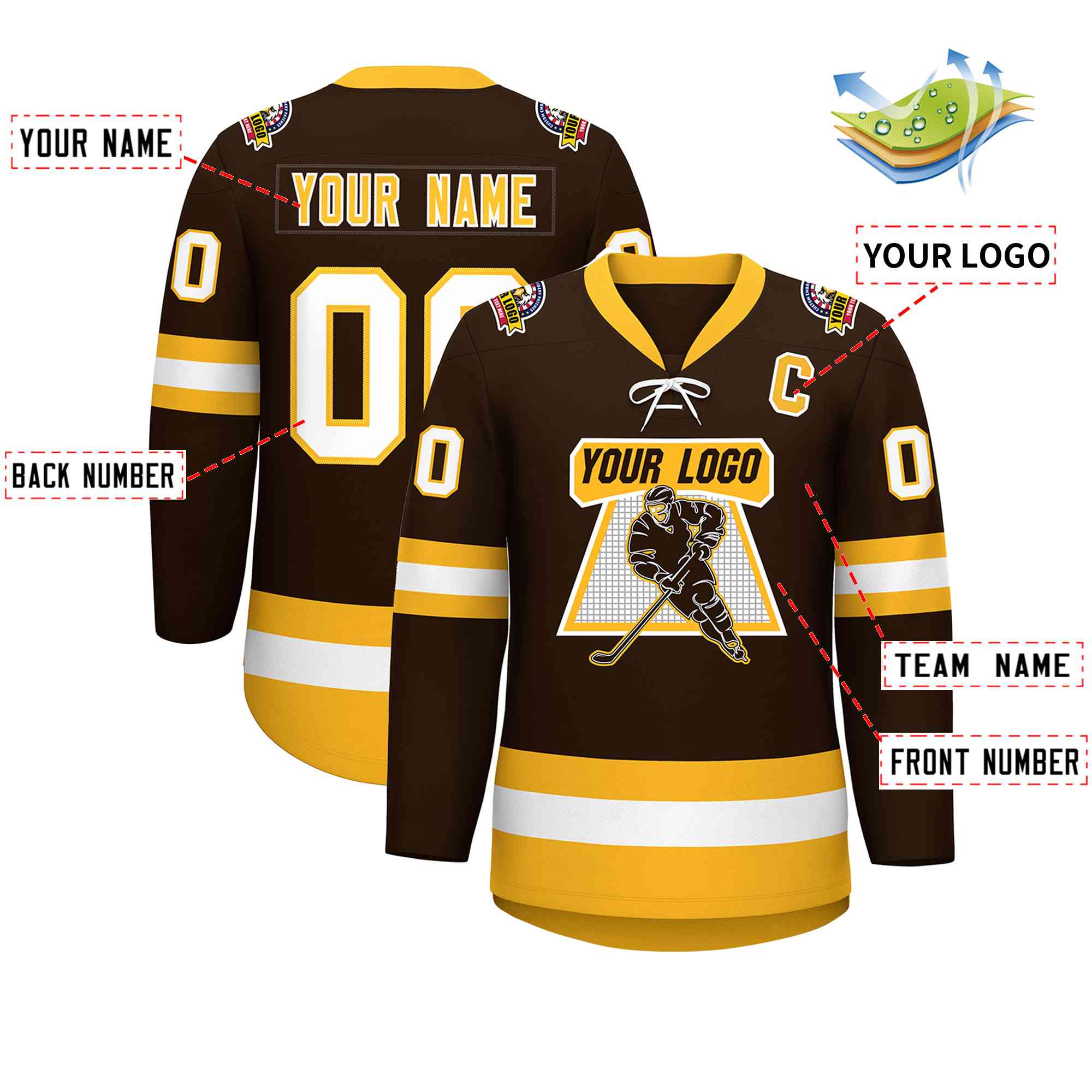 Custom Brown Gold-White Lace-Up Neck Hockey Jersey