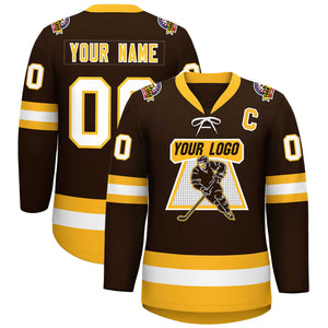 Custom Brown Gold-White Lace-Up Neck Hockey Jersey