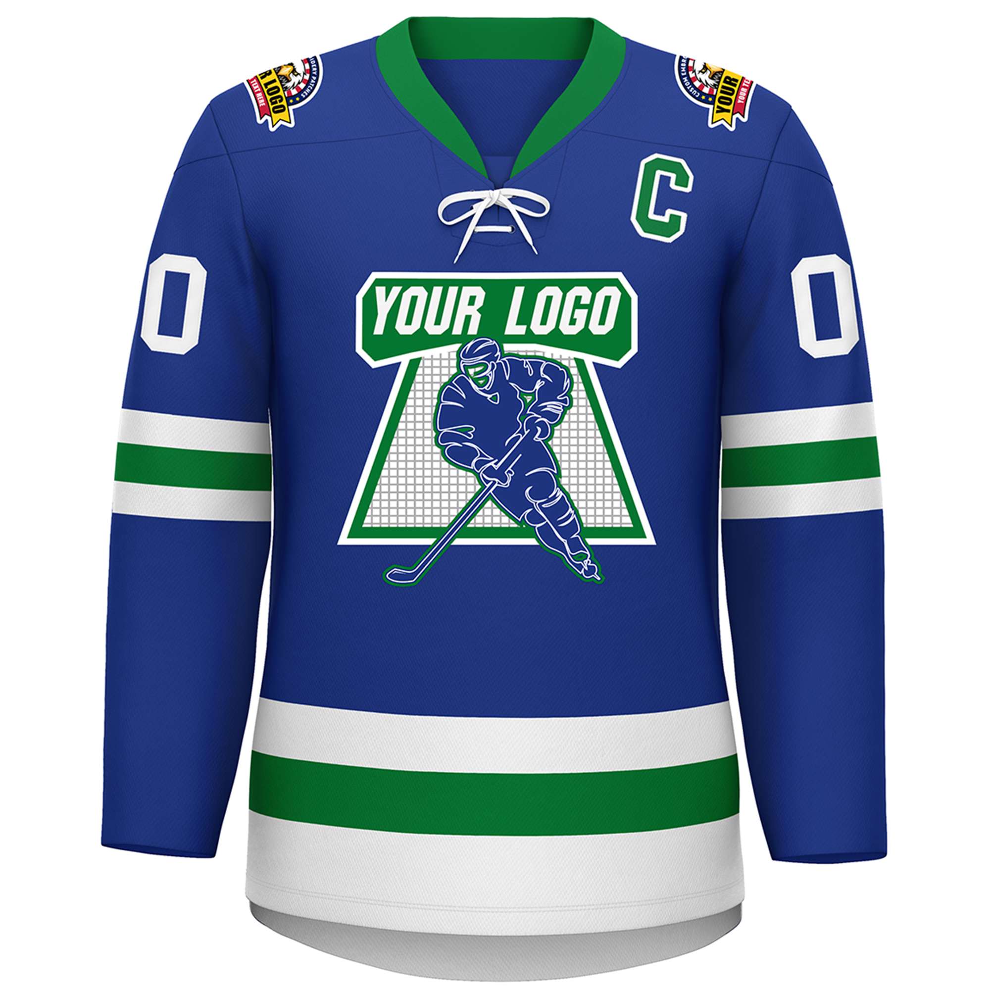 Custom Royal Kelly Green-White Lace-Up Neck Hockey Jersey