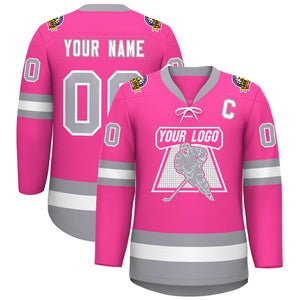 Custom Pink White-Gray Lace-Up Neck Hockey Jersey