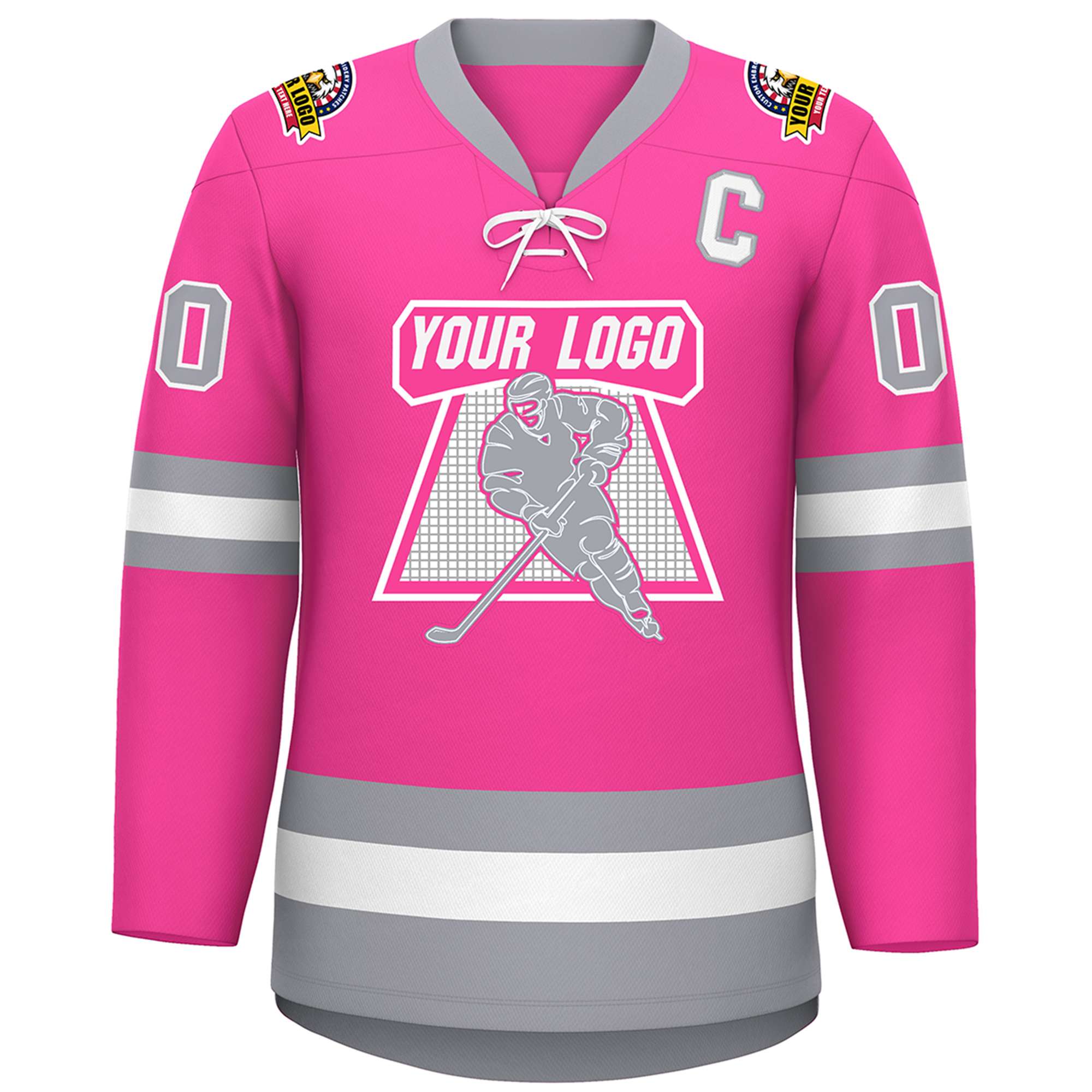 Custom Pink White-Gray Lace-Up Neck Hockey Jersey