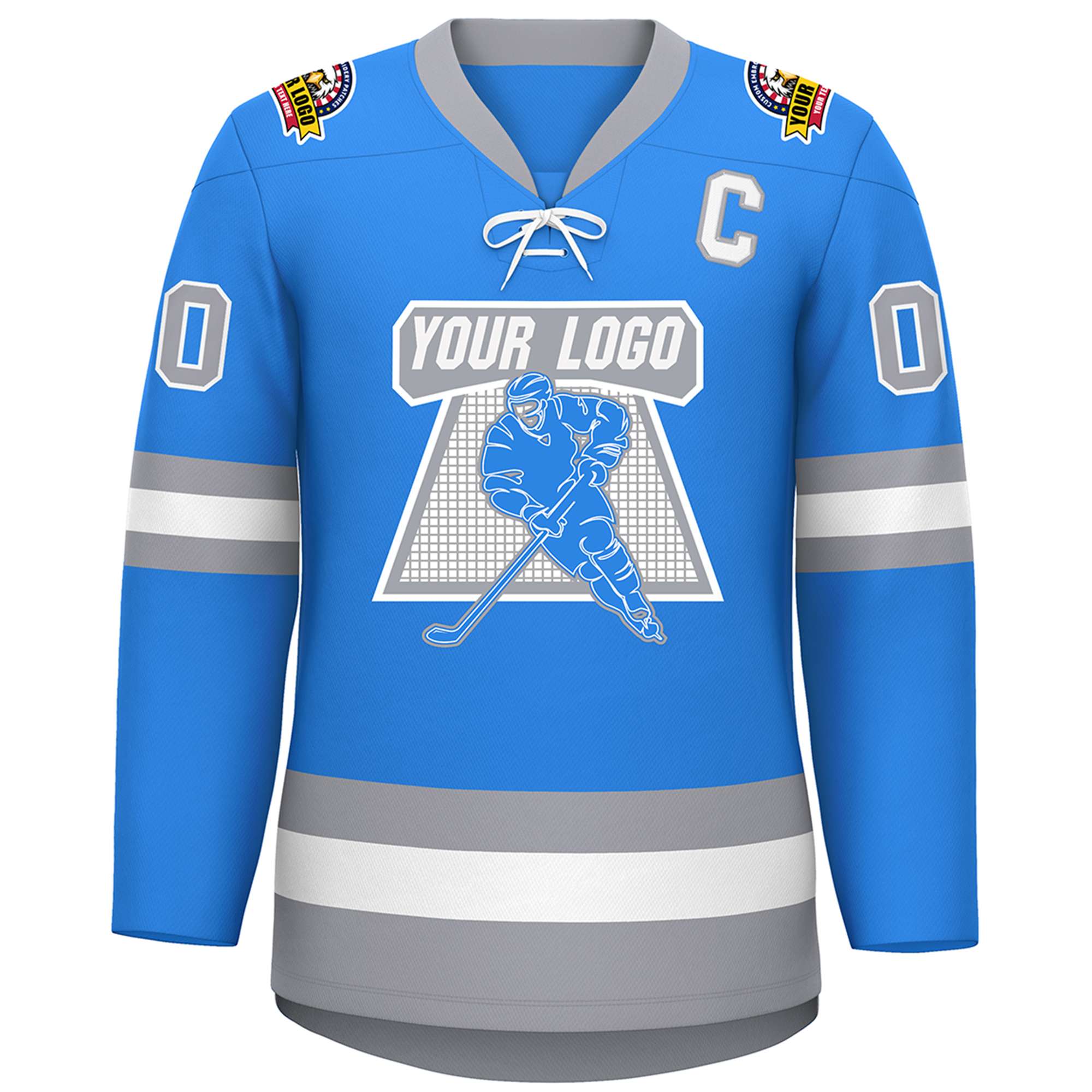 Custom Powder Blue White-Gray Lace-Up Neck Hockey Jersey