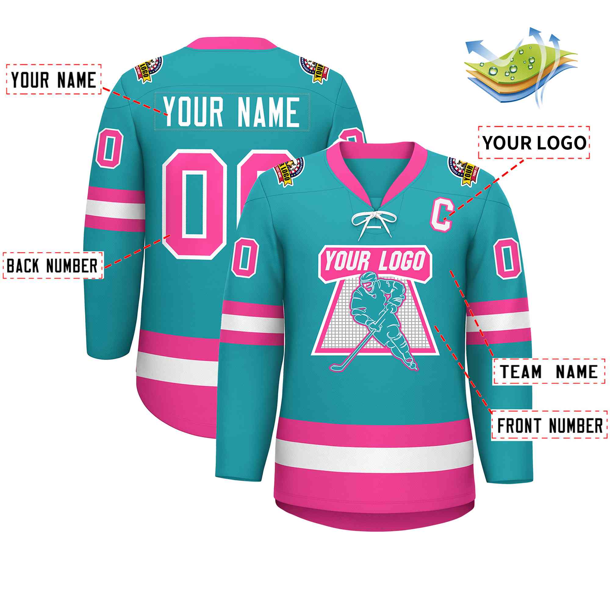 Custom Aqua Pink-White Lace-Up Neck Hockey Jersey