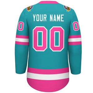 Custom Aqua Pink-White Lace-Up Neck Hockey Jersey