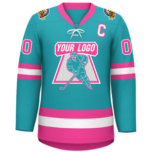 Custom Aqua Pink-White Lace-Up Neck Hockey Jersey