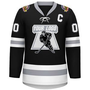 Custom Black White-Gray Lace-Up Neck Hockey Jersey