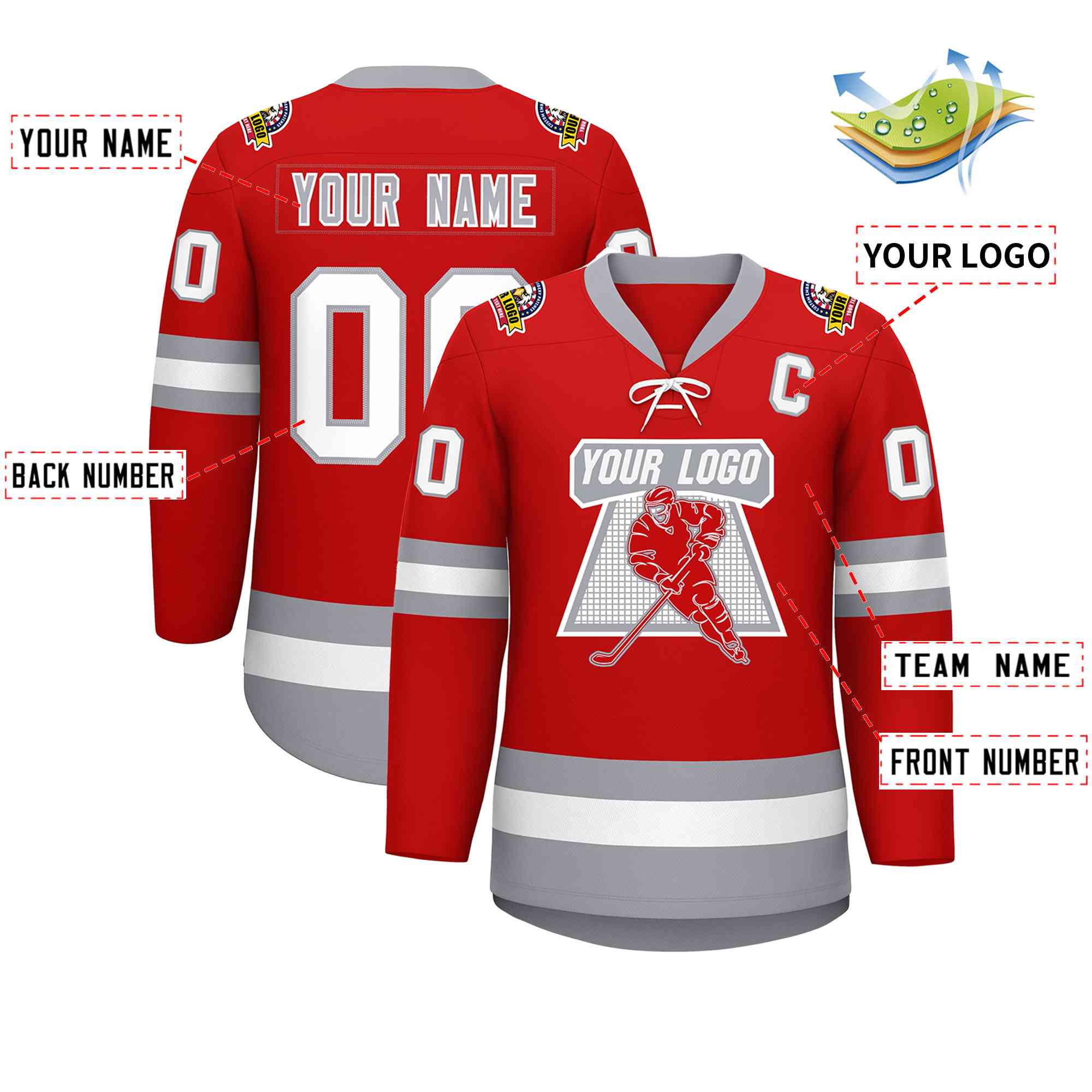 Custom Red White-Gray Lace-Up Neck Hockey Jersey