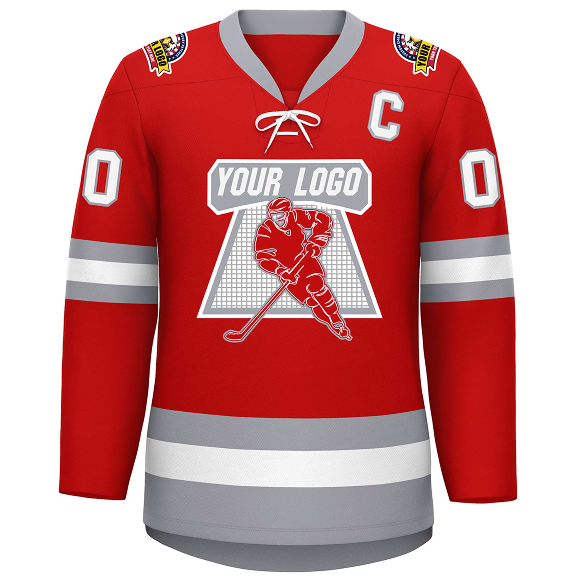 Custom Red White-Gray Lace-Up Neck Hockey Jersey