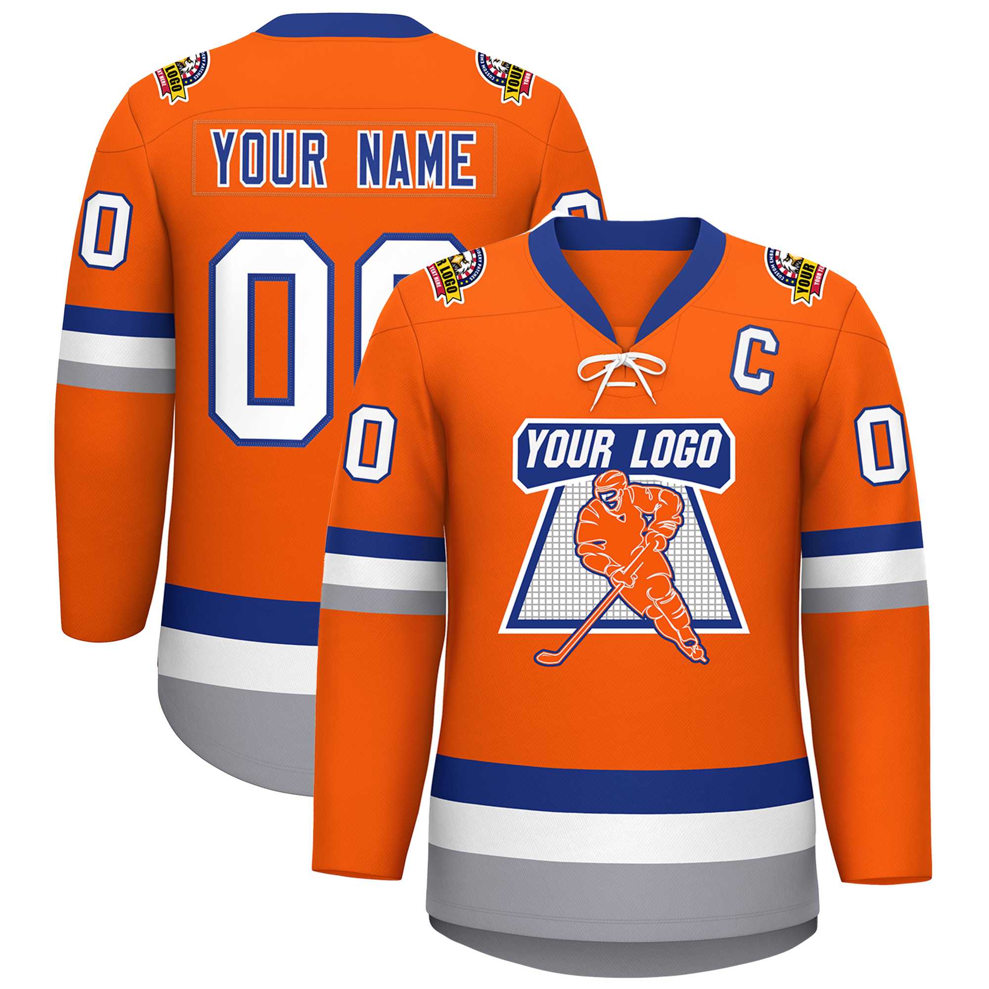 Custom Orange Royal-White Lace-Up Neck Hockey Jersey