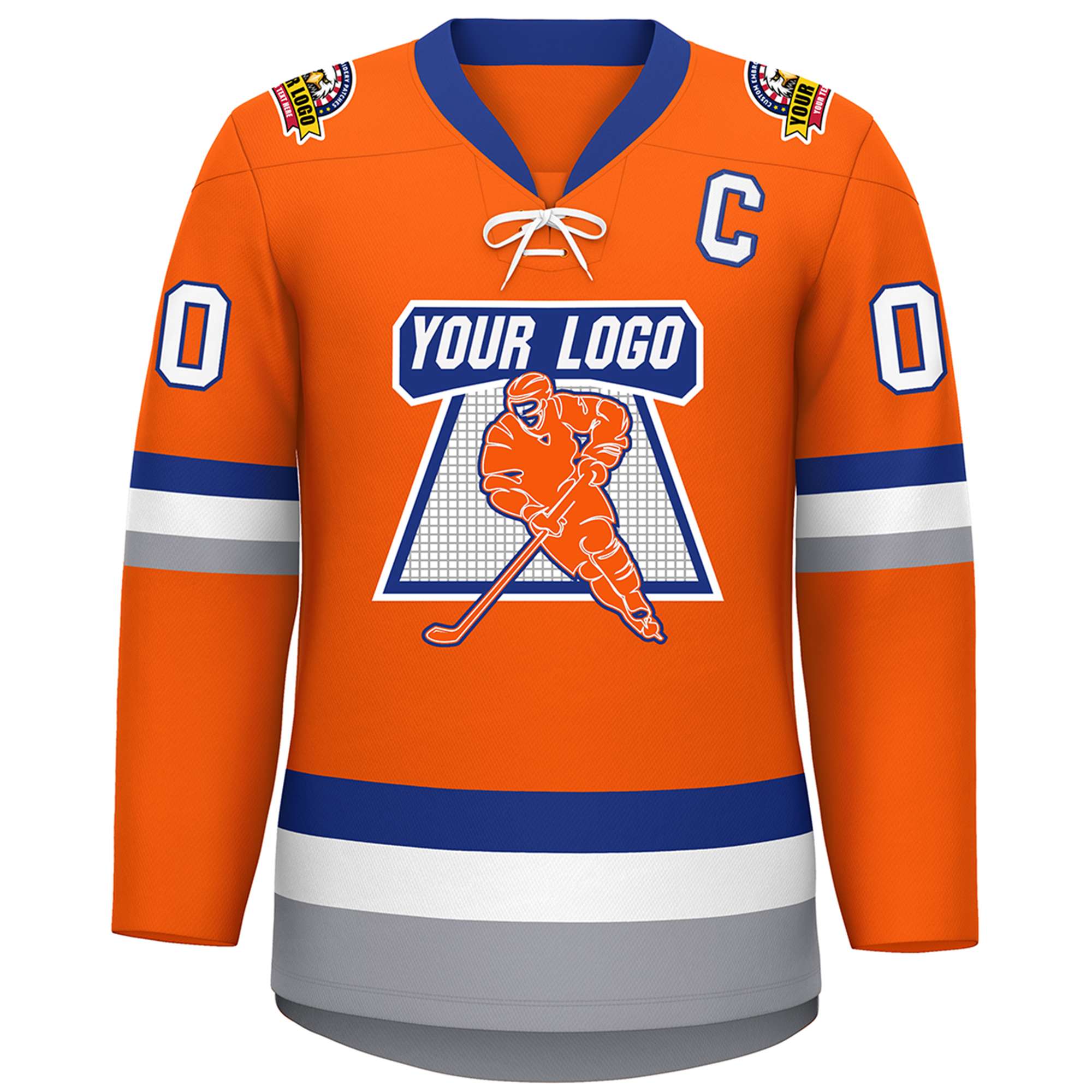 Custom Orange Royal-White Lace-Up Neck Hockey Jersey