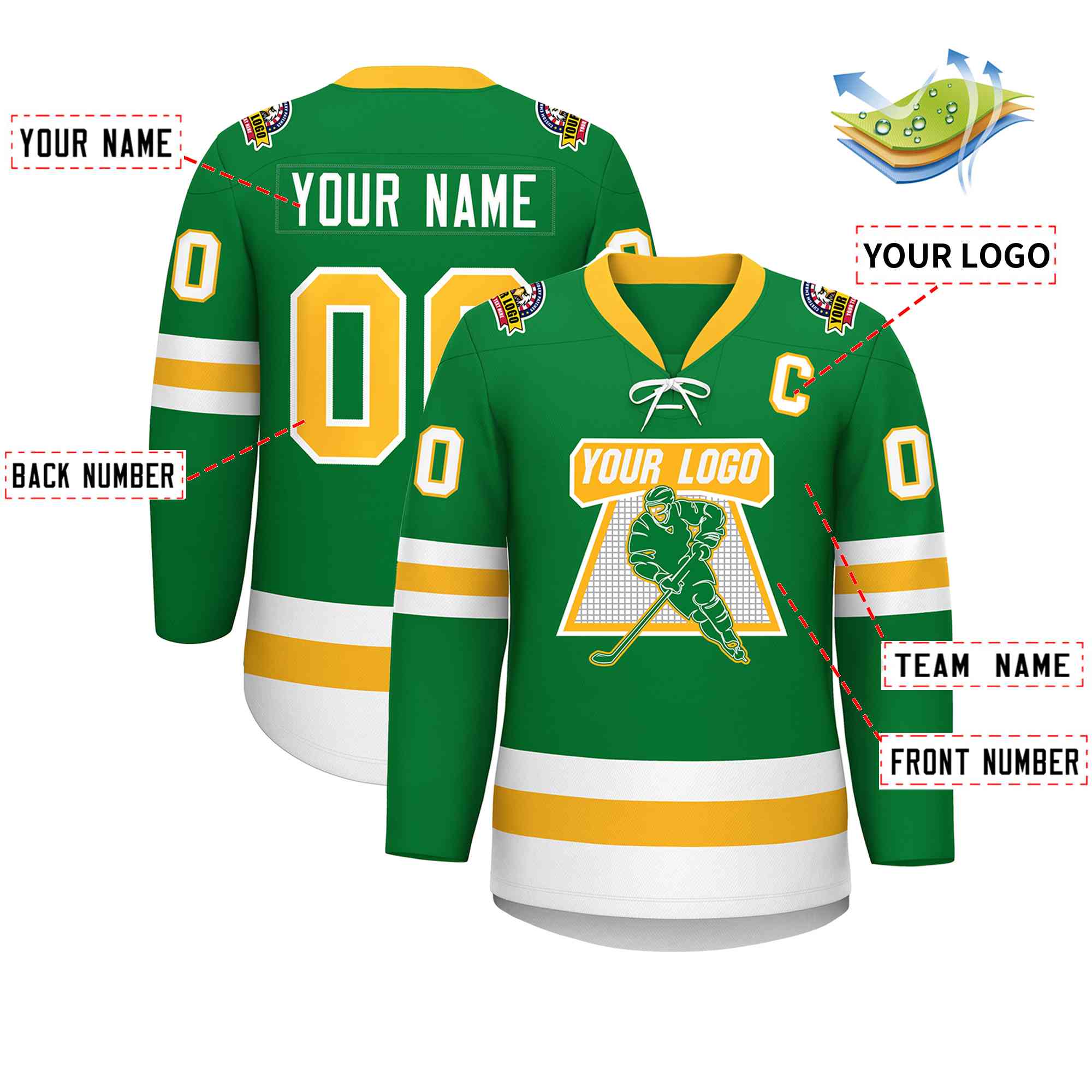 Custom Kelly Green Gold-White Lace-Up Neck Hockey Jersey