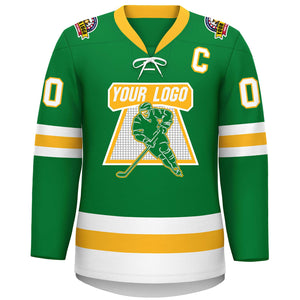 Custom Kelly Green Gold-White Lace-Up Neck Hockey Jersey