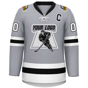 Custom Gray Black-White Lace-Up Neck Hockey Jersey