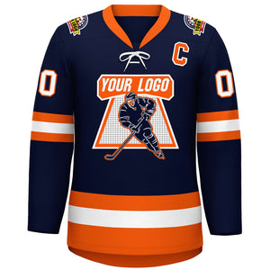 Custom Navy Orange-White Lace-Up Neck Hockey Jersey