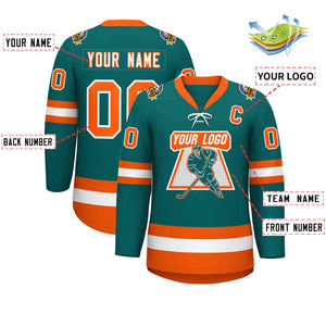 Custom Aqua White-Orange Lace-Up Neck Hockey Jersey