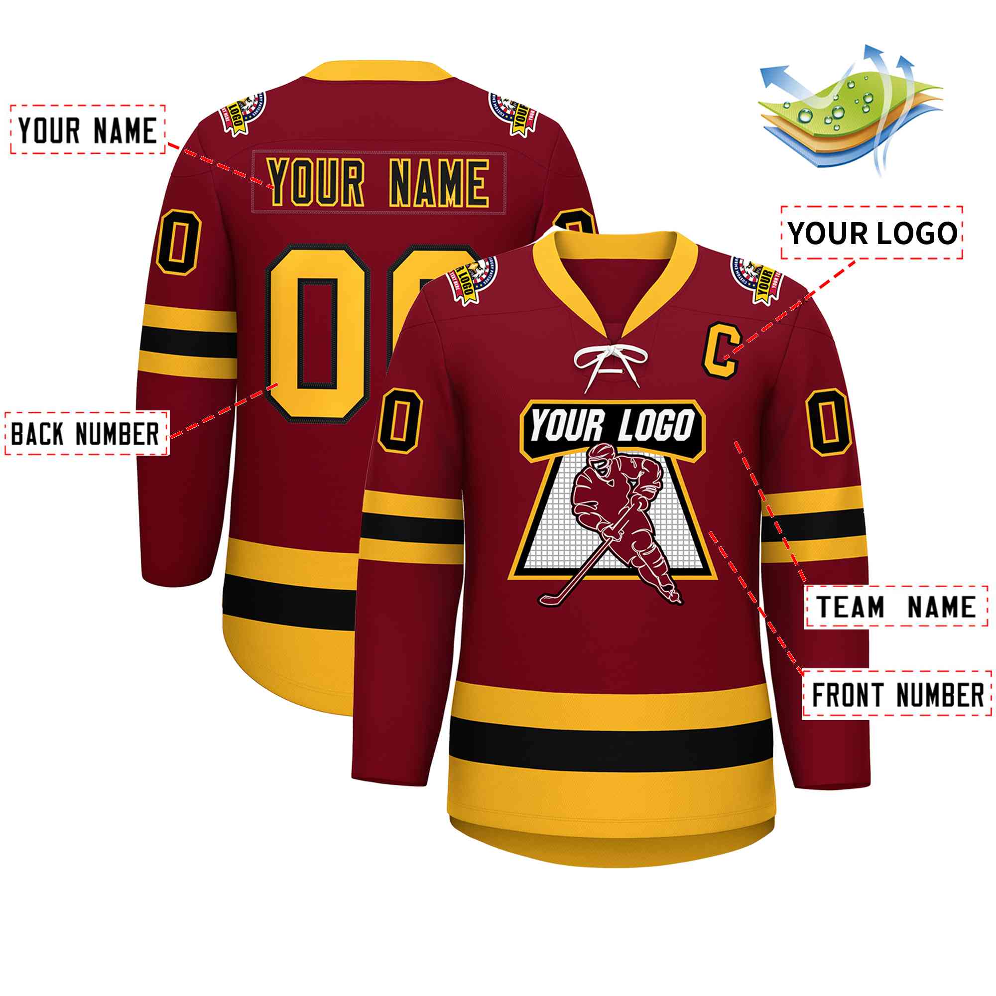 Custom Crimson Black-Gold Lace-Up Neck Hockey Jersey