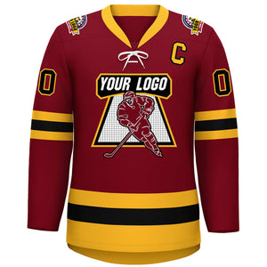 Custom Crimson Black-Gold Lace-Up Neck Hockey Jersey