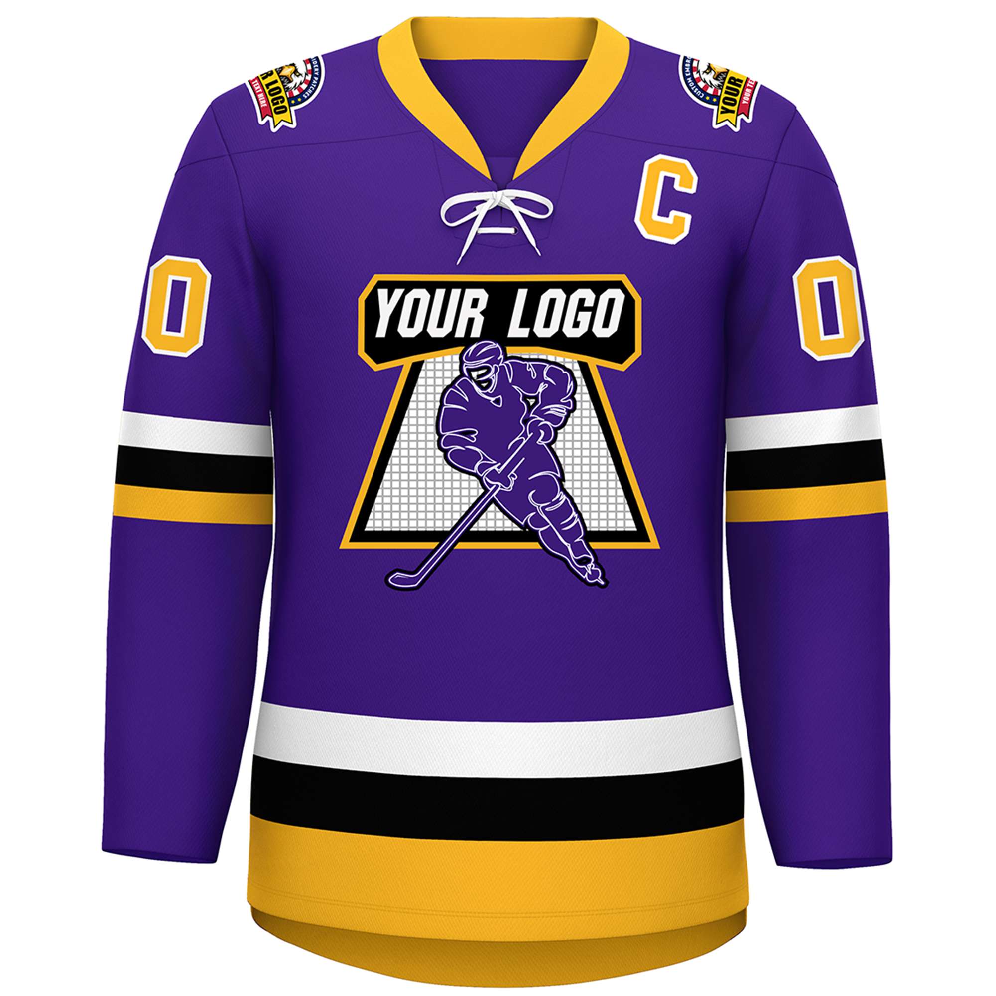 Custom Purple Gold-White Lace-Up Neck Hockey Jersey