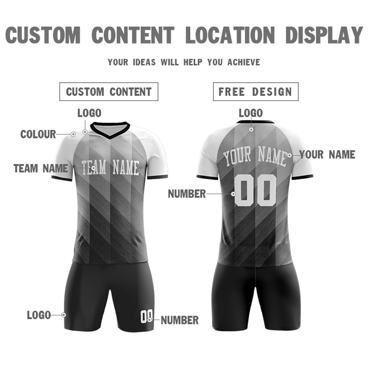 Custom Black White Casual Outdoor Soccer Sets Jersey