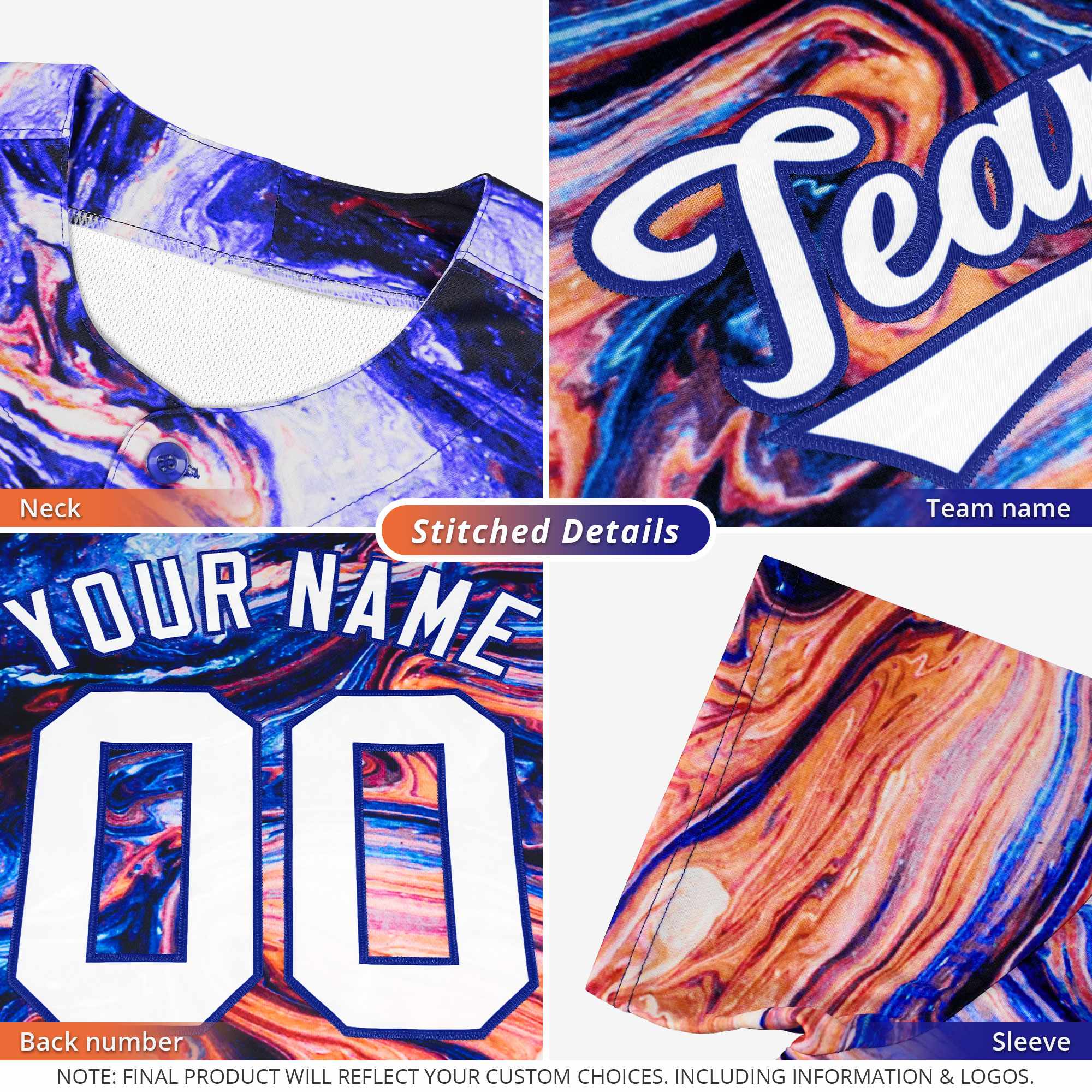 Custom Orange Royal Fluid Feather Graffiti Pattern Authentic Baseball Jersey