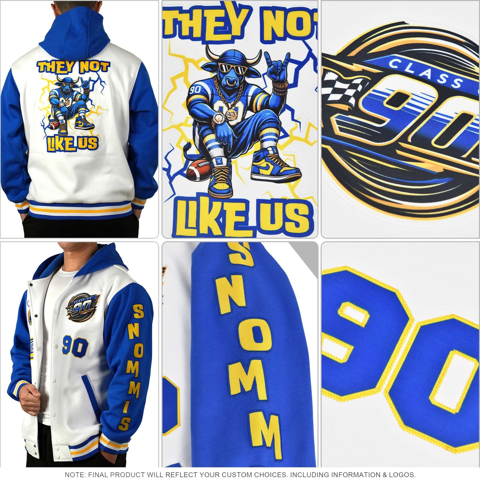 Custom Navy Powder Blue Color Block Varsity Full-Snap Letterman Hoodie Jacket