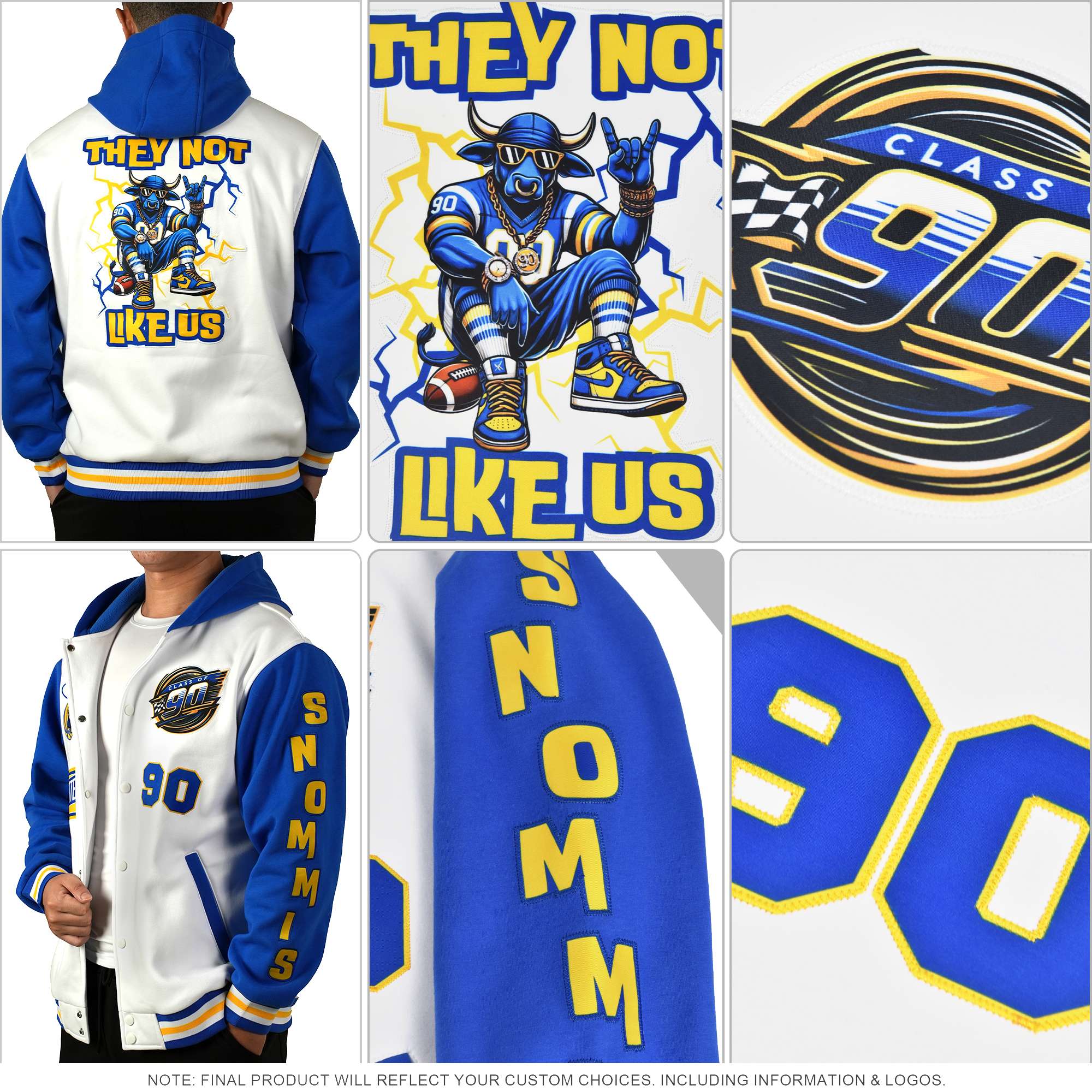 Custom Royal Gold-White Color Block Varsity Full-Snap Letterman Hoodie Jacket