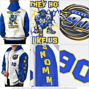 Custom Gold Royal Split Fashion Varsity Full-Snap Letterman Two Tone Hoodie Jacket