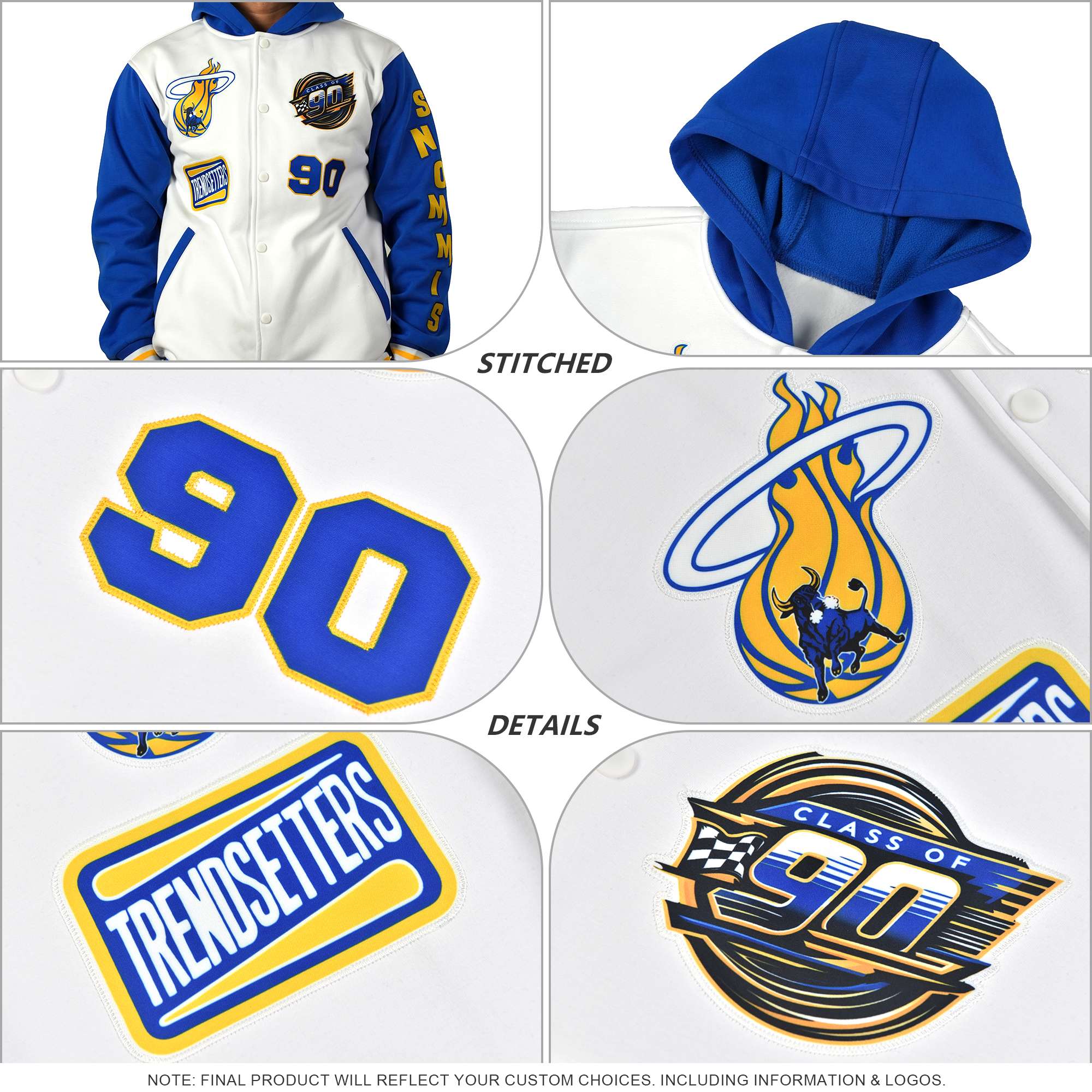 Custom Gold Powder Blue Split Fashion Varsity Full-Snap Letterman Two Tone Hoodie Jacket