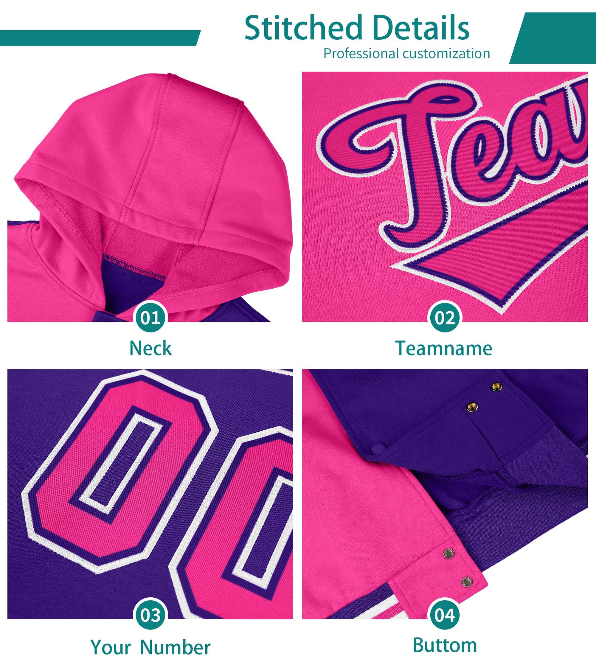 Custom Purple Aqua Varsity Full-Snap Four Squares Color Block Letterman Hoodie Jacket