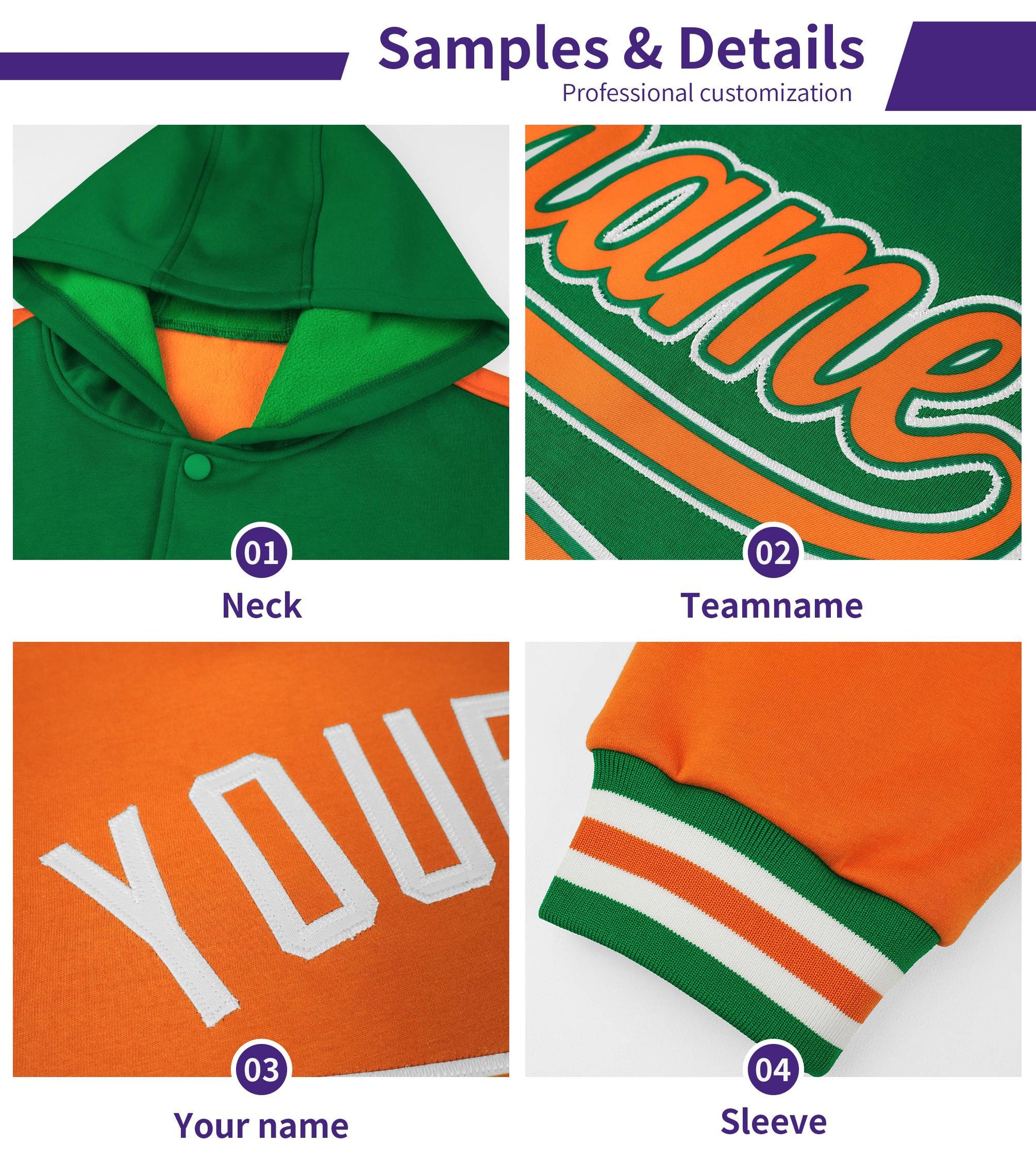 Custom Kelly Green Orange Raglan Sleeves Varsity Full-Snap Letterman Two Tone Hoodie Jacket