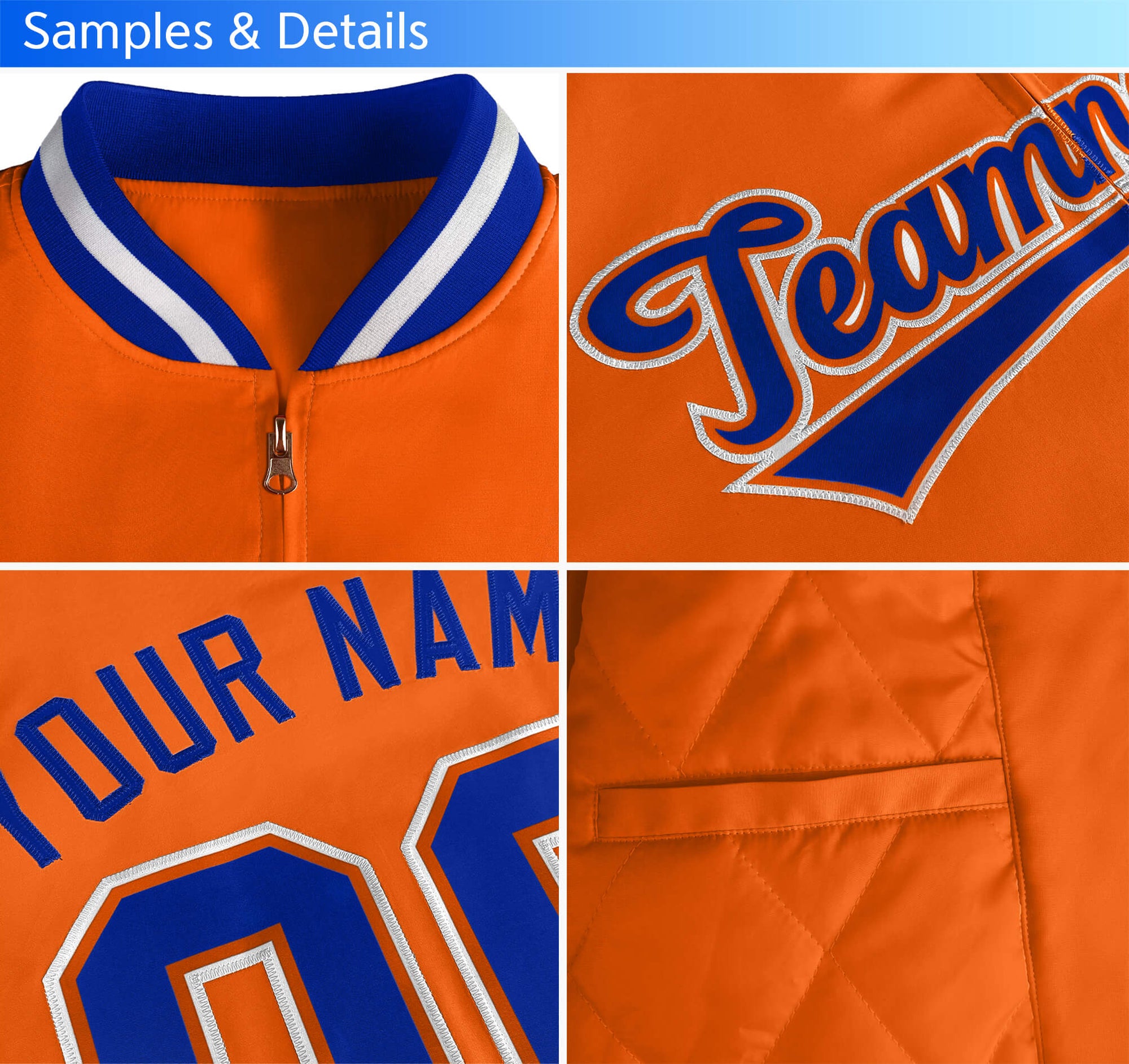 Custom Gold Orange-Royal Varsity Full-Zip Raglan Sleeves Letterman Bomber Jacket