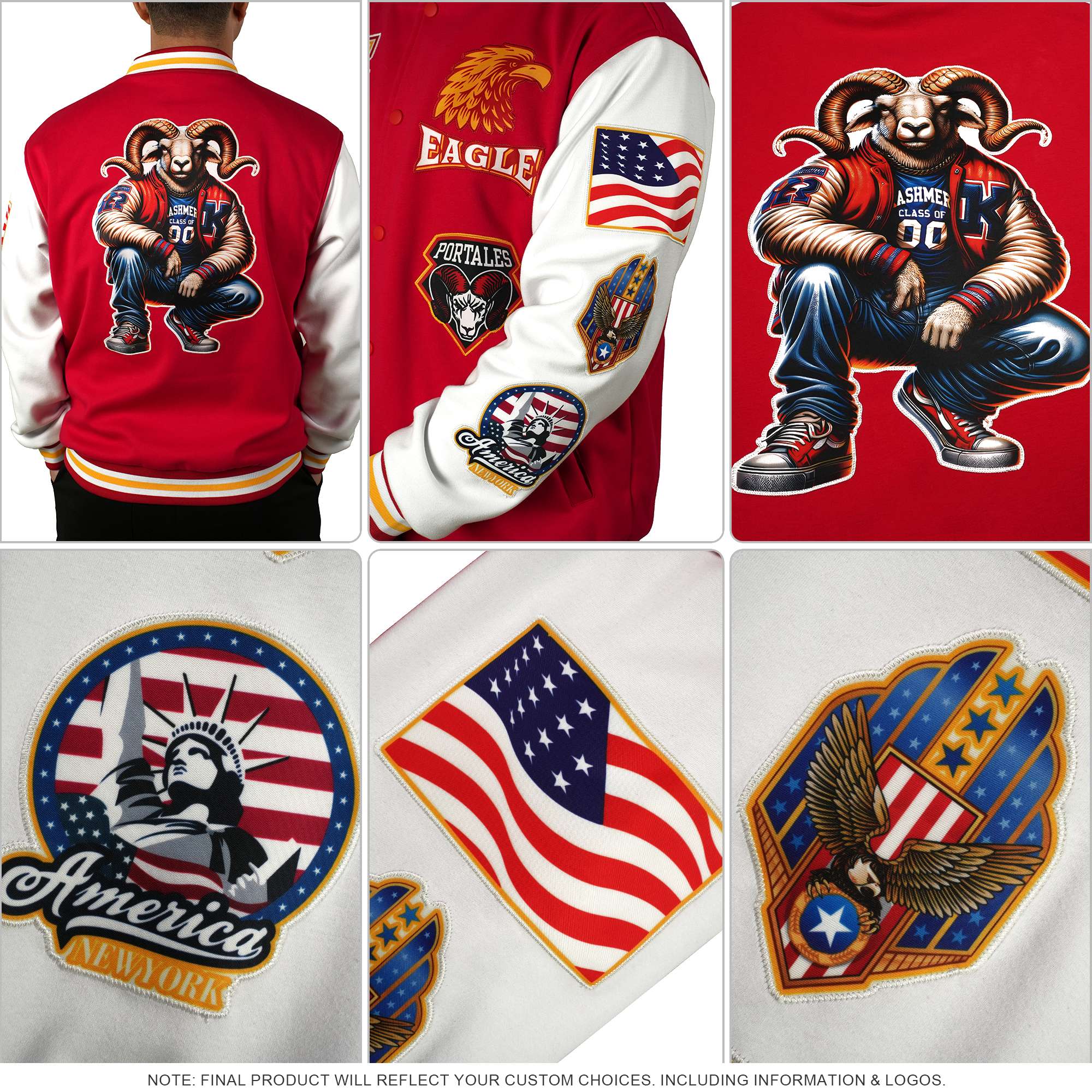 Veste Letterman Varsity Full-Snap à manches raglan rouge marine-blanc personnalisée