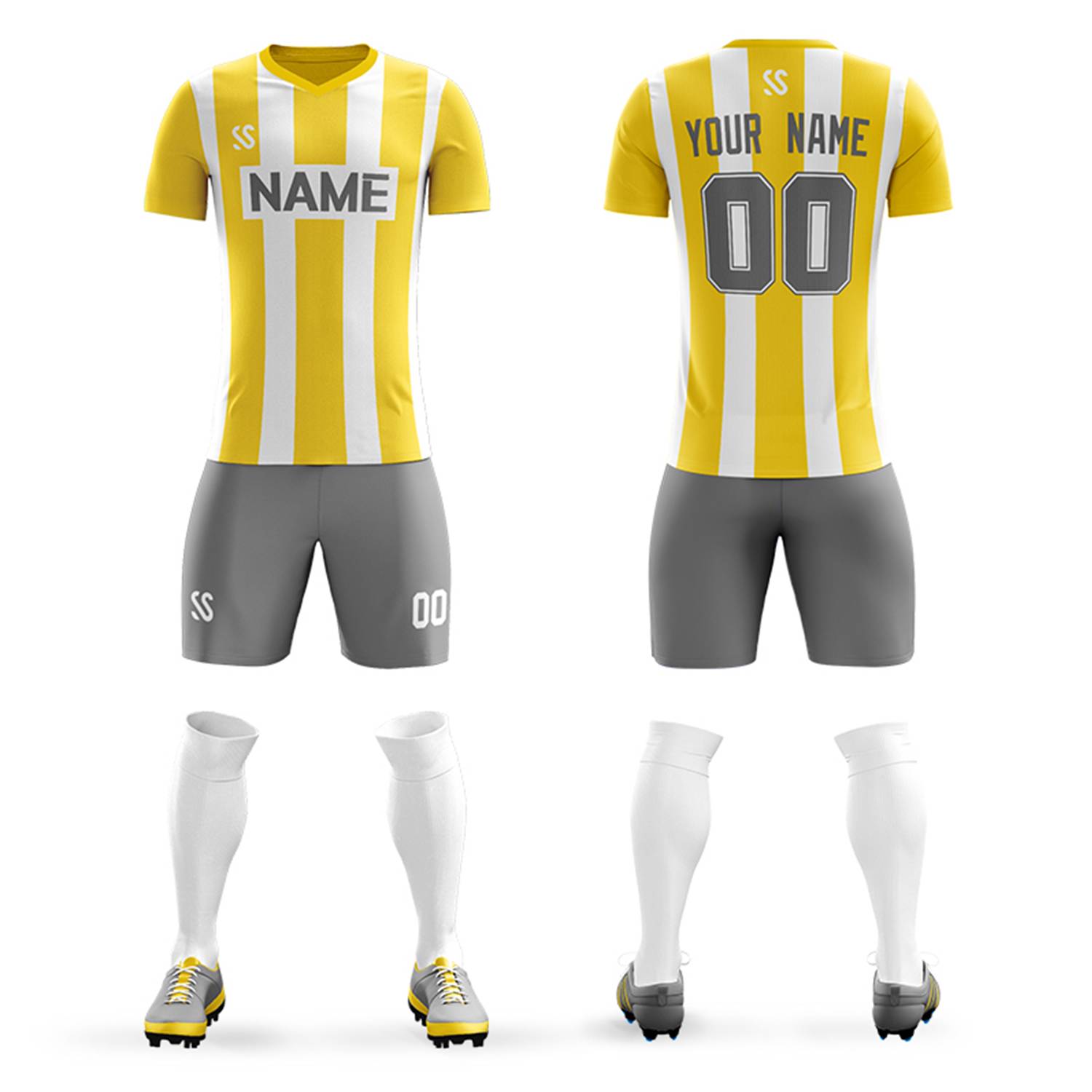 Custom Yellow Gray Casuall Outdoor Soccer Sets Jersey