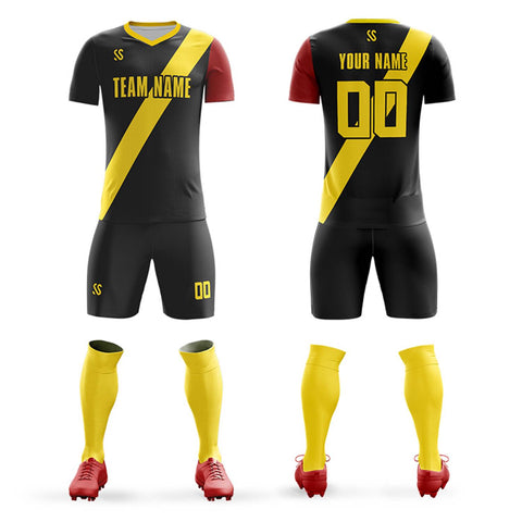 Custom Black Yellow Casuall Printing Sportswear Soccer Sets Jersey