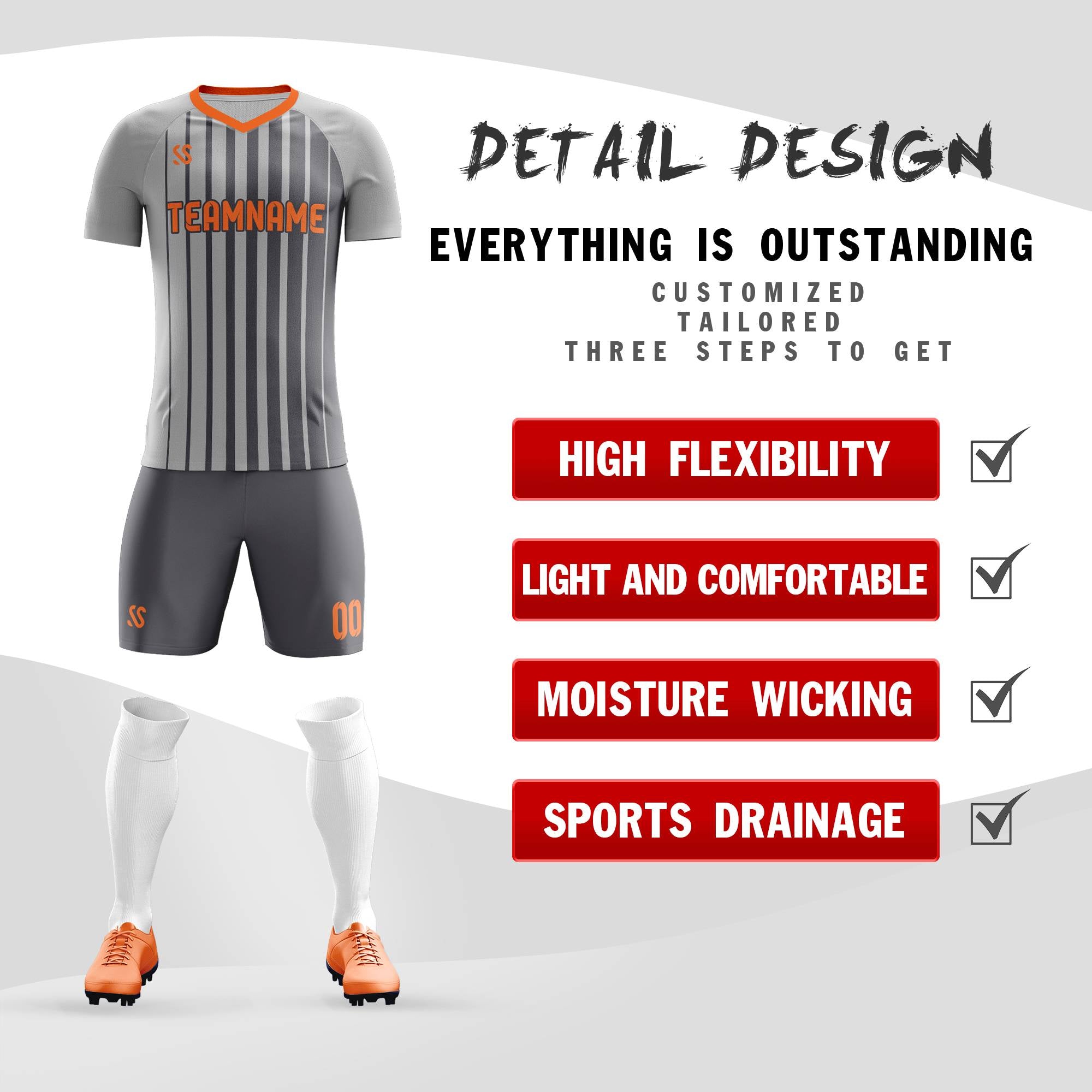 Custom Gray Orange Casual Printing Sportswear Soccer Sets Jersey