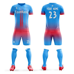 Custom Powder Blue Red Soft Training Uniform Soccer Sets Jersey