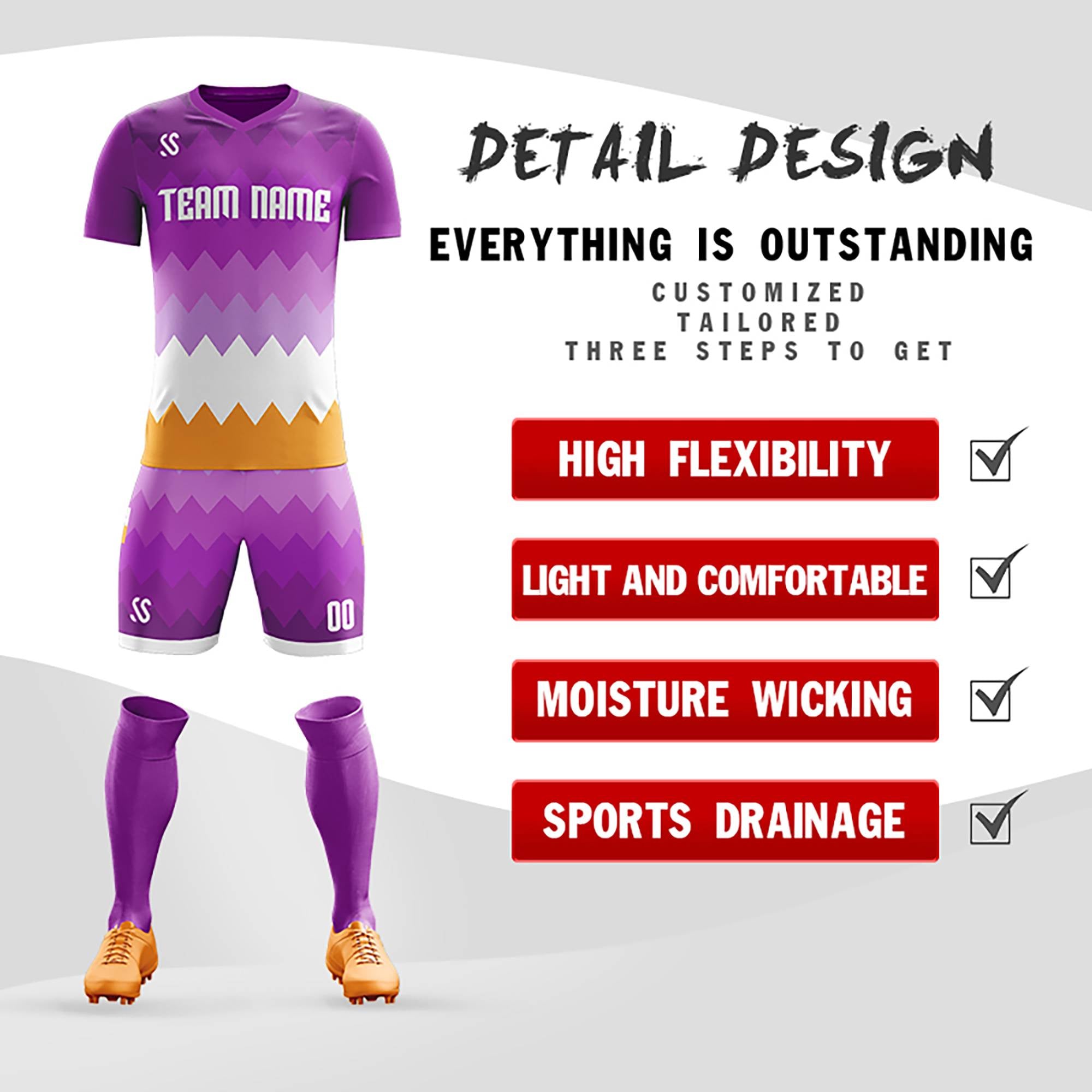 Custom Purple White Casuall Printing Sportswear Soccer Sets Jersey